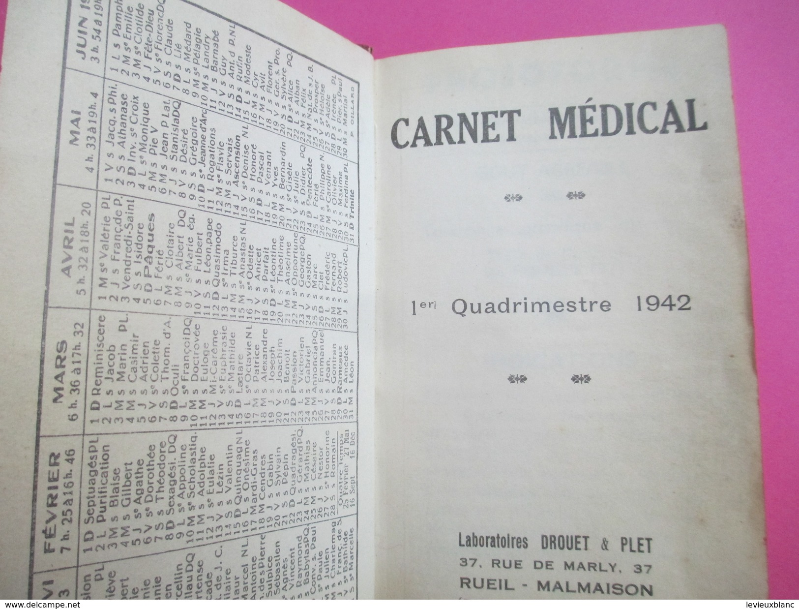 Agenda-Calendrier/Carnet Médical/Visites/1er Quadrimestre 1942/Labo.Drouet & Plet/RUEIL MALMAISON/ 1942           CAL359 - Kleinformat : 1941-60