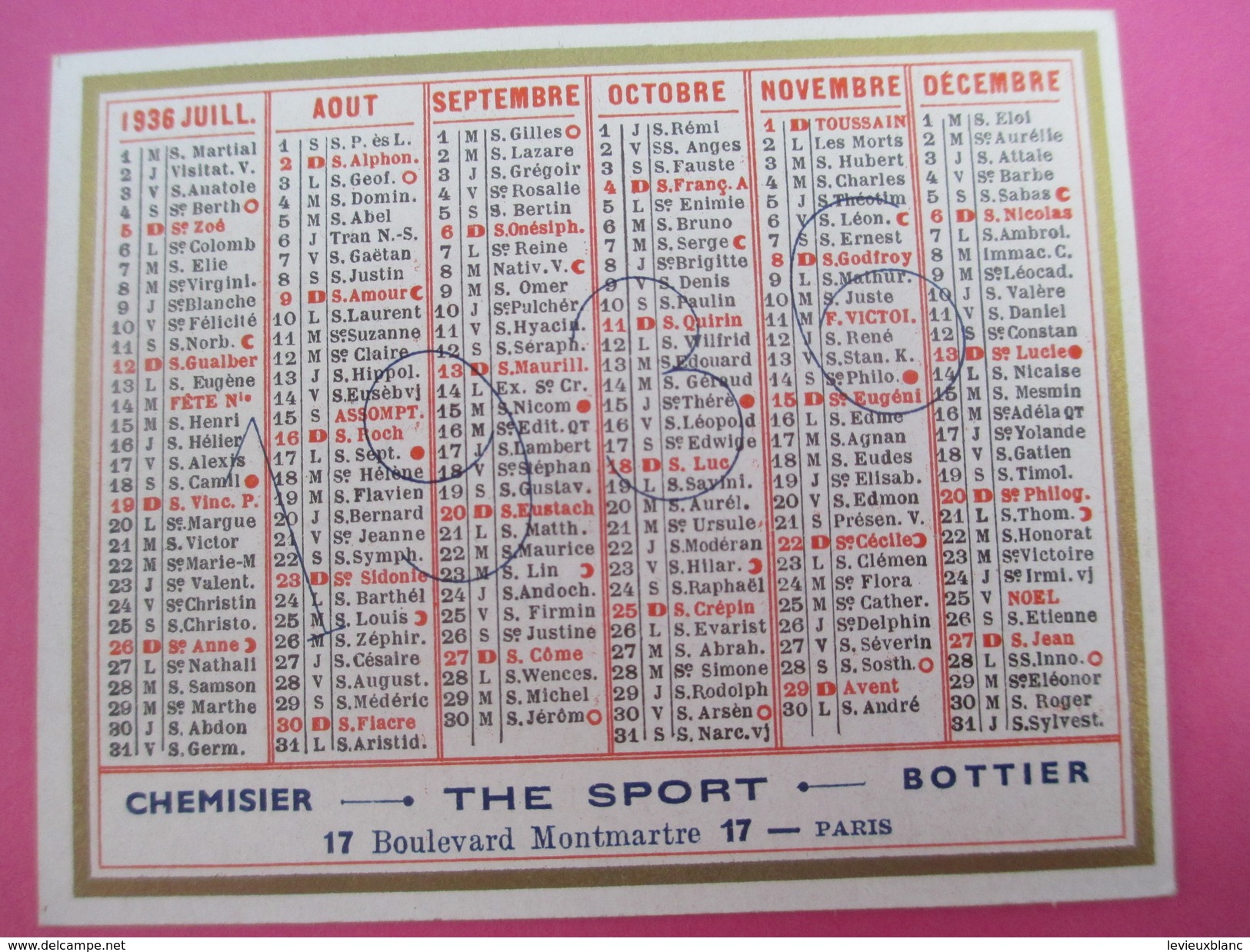 Petit Calendrier De Poche Recto-Verso/The SPORT/ Chemisier-Bottier-Tailleur-Chalelier/ Bd Montmartre/Paris/1936   CAL361 - Kleinformat : 1921-40