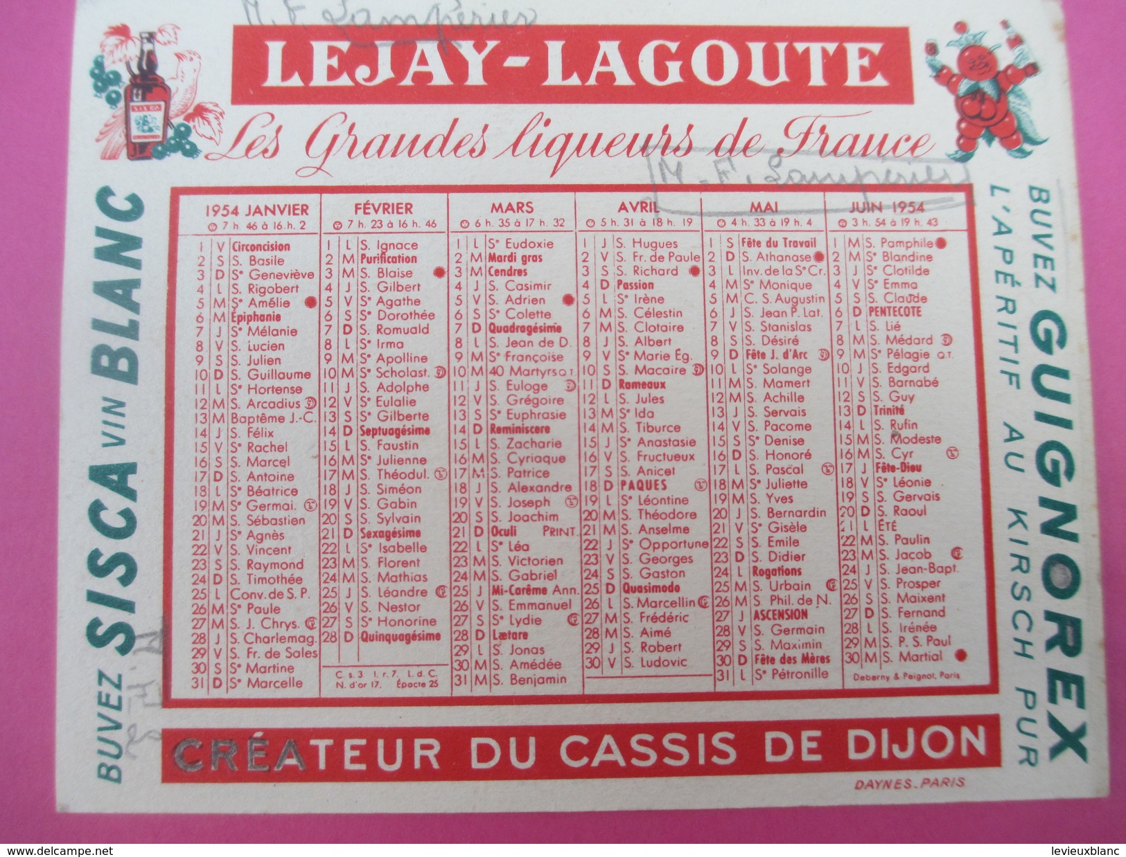 Petit Calendrier De Poche Recto-Verso/Lejay-Lagoute/ Créateur Du Cassis De DIJON/ MF Lamperier/1954     CAL362 - Petit Format : 1941-60