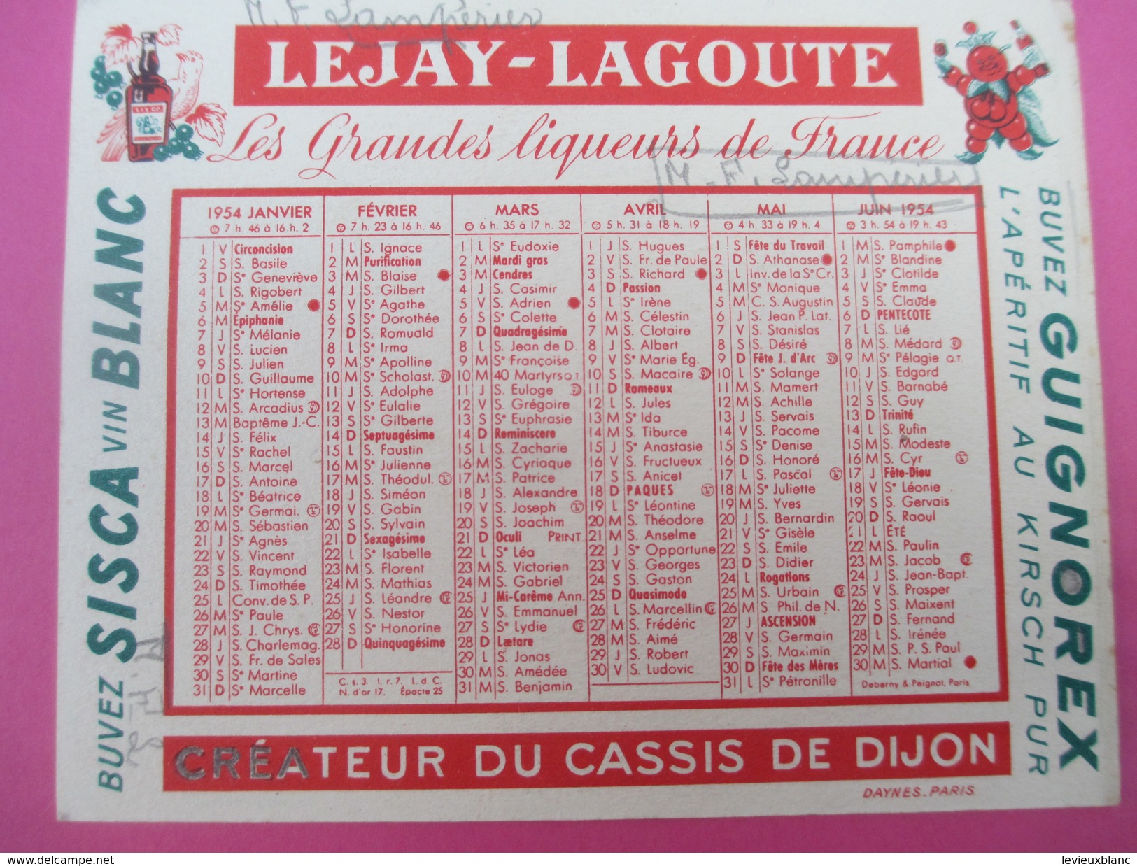 Petit Calendrier De Poche Recto-Verso/Lejay-Lagoute/ Créateur Du Cassis De DIJON/ MF Lamperier/1954     CAL362 - Tamaño Pequeño : 1941-60