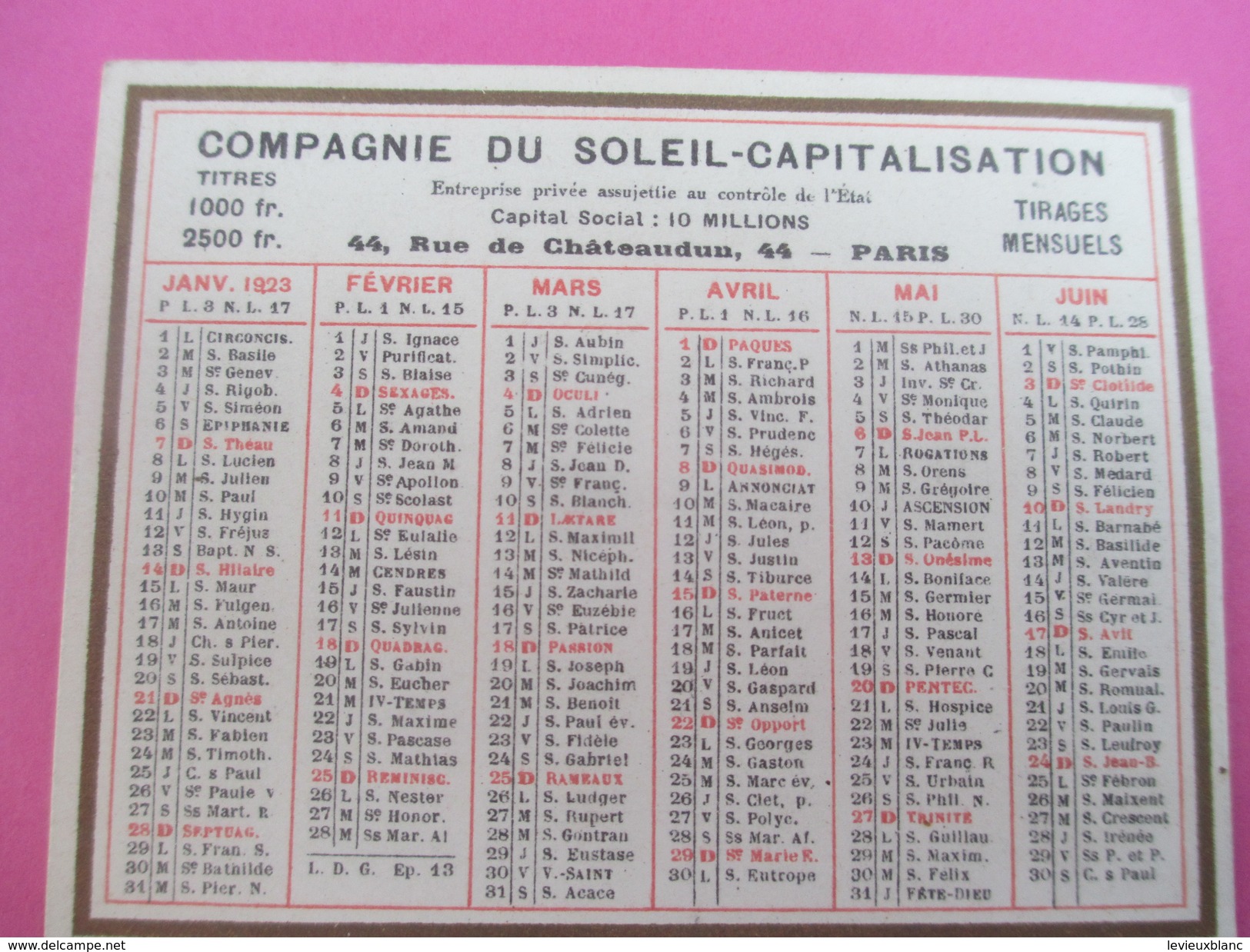 Petit Calendrier De Poche Recto-Verso/Compagnie Du Soleil-Capitalisation/Rue Châteaudun /Paris /1923     CAL363 - Petit Format : 1921-40