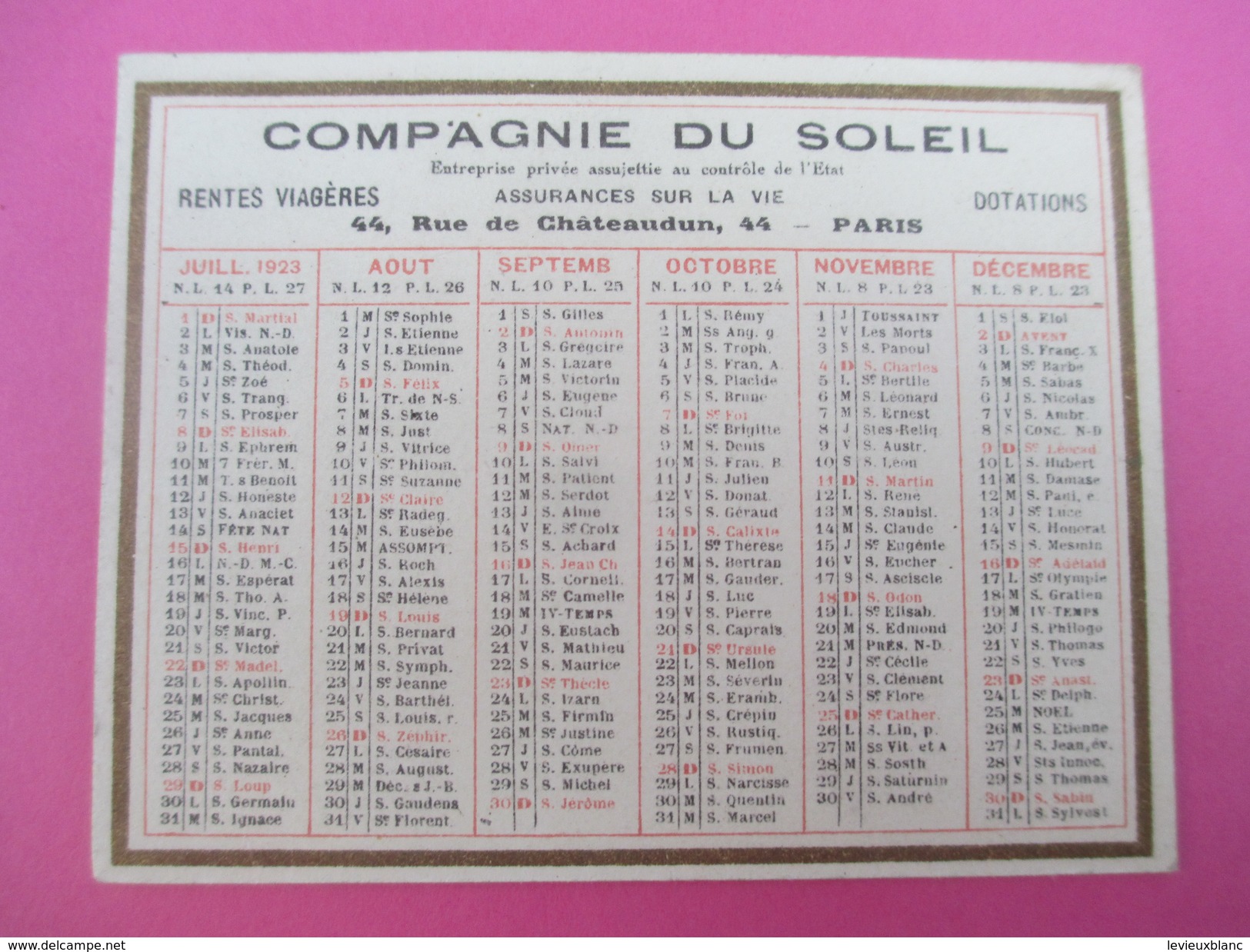 Petit Calendrier De Poche Recto-Verso/Compagnie Du Soleil-Capitalisation/Rue Châteaudun /Paris /1923     CAL363 - Petit Format : 1921-40