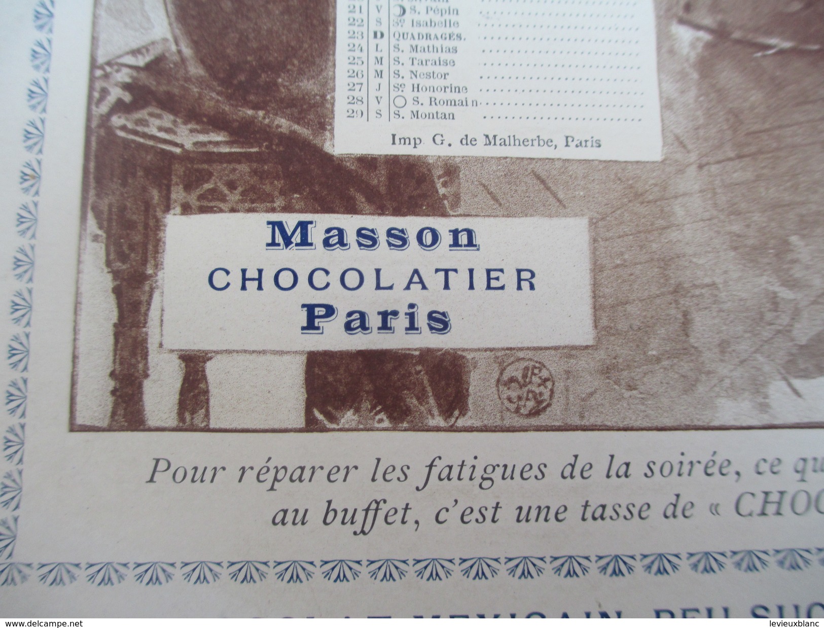 Moyen Calendrier Type "éphéméride" Par  Mois/uniquement Février Et Mars/Chocolat Masson/Chocolatier/Paris/1896    CAL366 - Groot Formaat: 1991-00