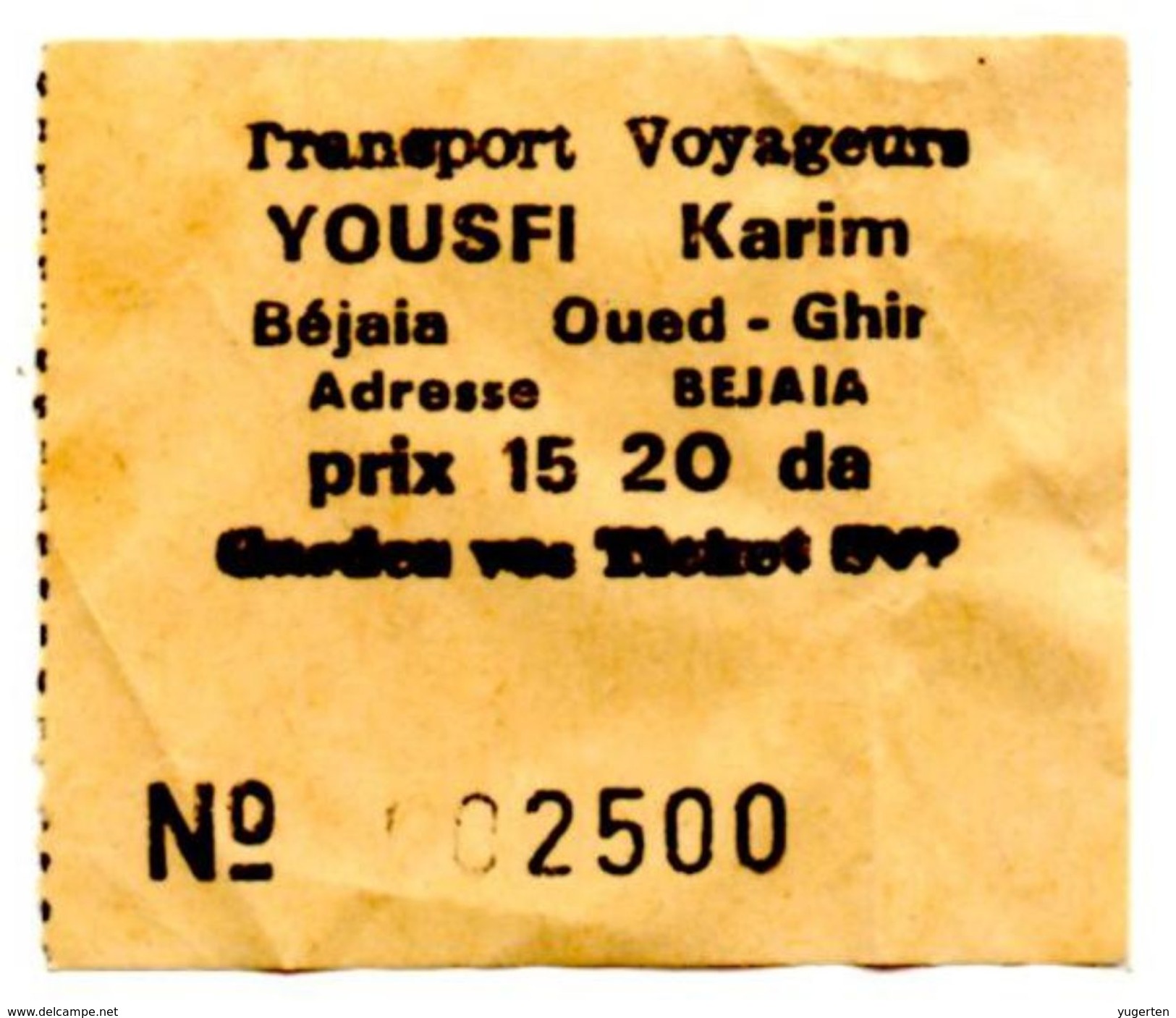 Ticket Transport Algeria Bus YOUSFI KARIM - Bejaia - Mondo