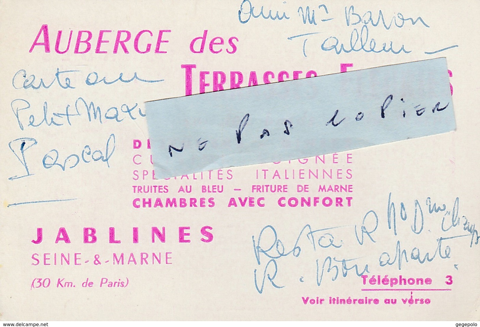 77 - JABLINES - Auberge Des Terrasses Fleuries ( 12 Cm X 8 Cm ) - Visitenkarten