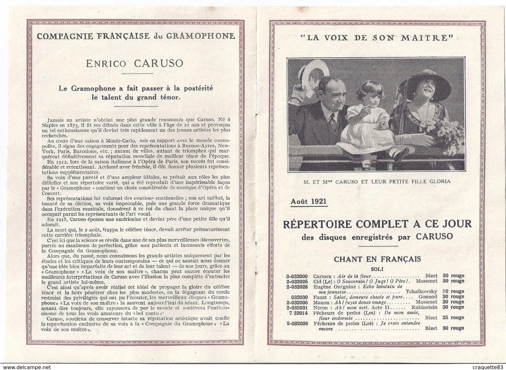 REPERTOIRE DES DISQUES CARUSO -CIE FRANCAISE DU GRAMOPHE - 1921  4 Pages - Non Classés