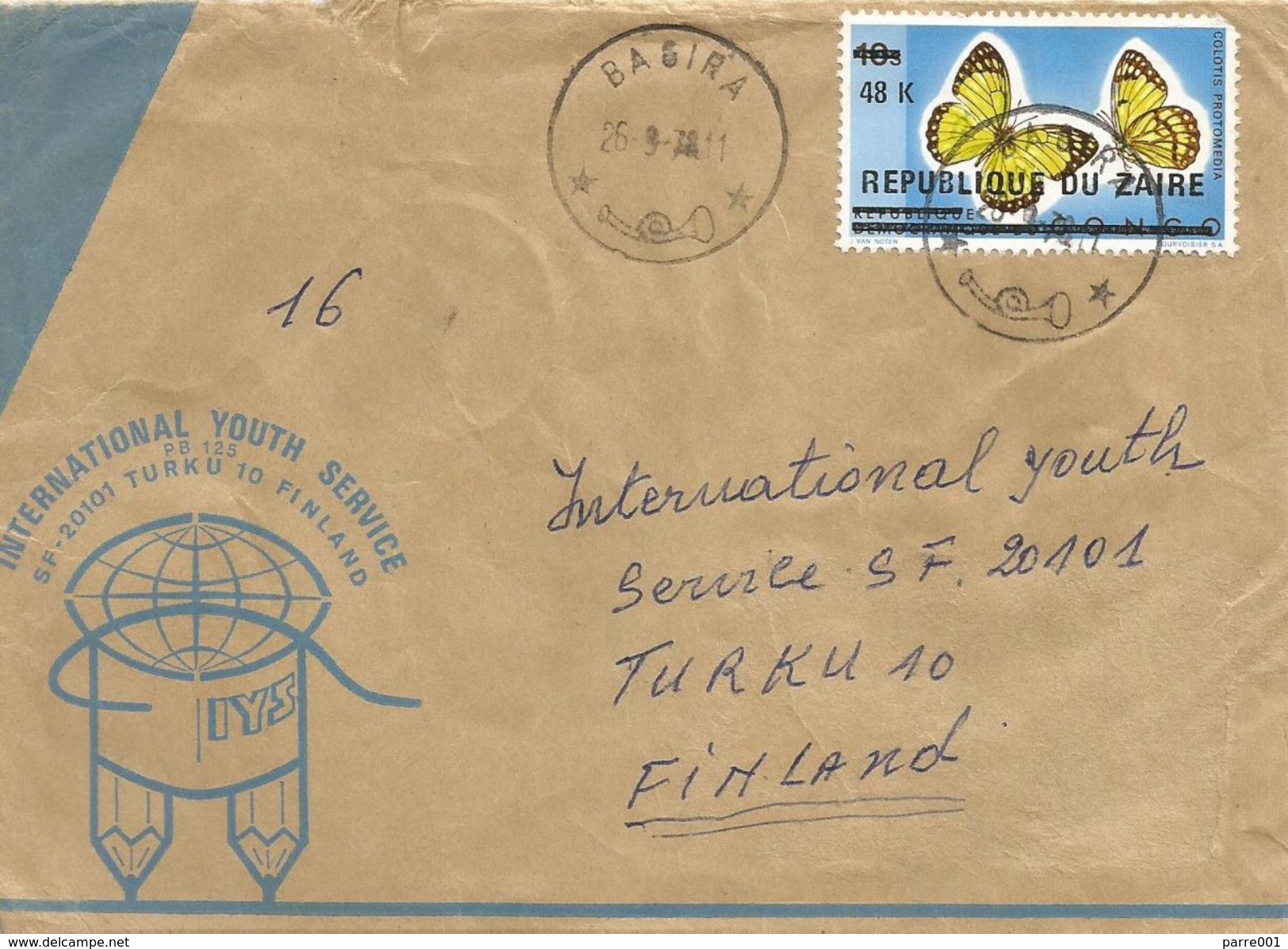 RDC DRC Congo Zaire 1978 Bagira Butterfly Colotis Protomedia Overprint 48K On 10s Michel 545 Cover - Vlinders