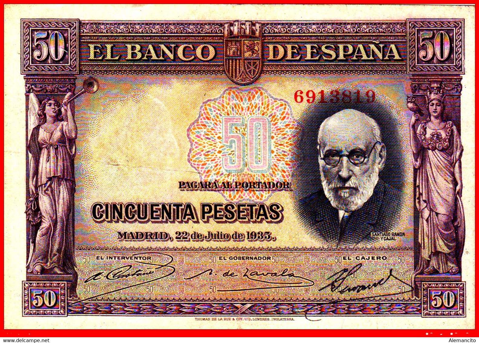 BILLETE ESPAÑOL DE 50 Ptas. REPUBLICA 22 DE JULIO DE 1935  Nº  6913819  SIN SERIE - 25 Pesetas