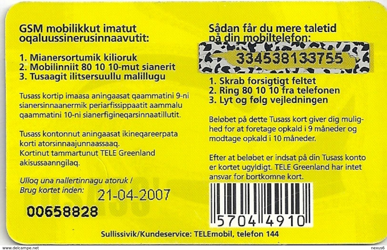 Greenland - Tusass - Girl With Mobile, GSM Refill, 100kr. Exp. 21.04.2007, Used - Groenlandia