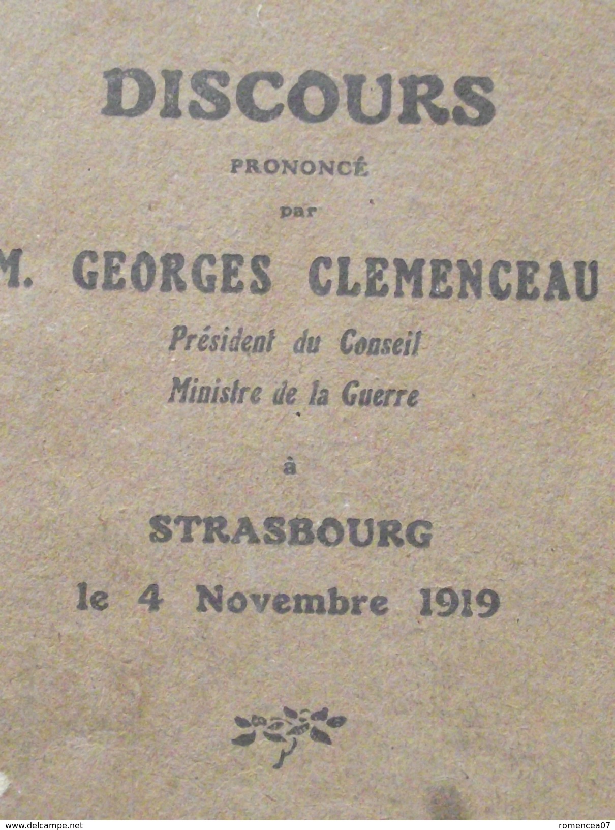 DISCOURS De M GEORGES CLEMENCEAU à Strasbourg Le 4 Novembre 1919 - Guerre 1914-18 - WW1 - Livret Du 16 Novembre 1919 - 1901-1940