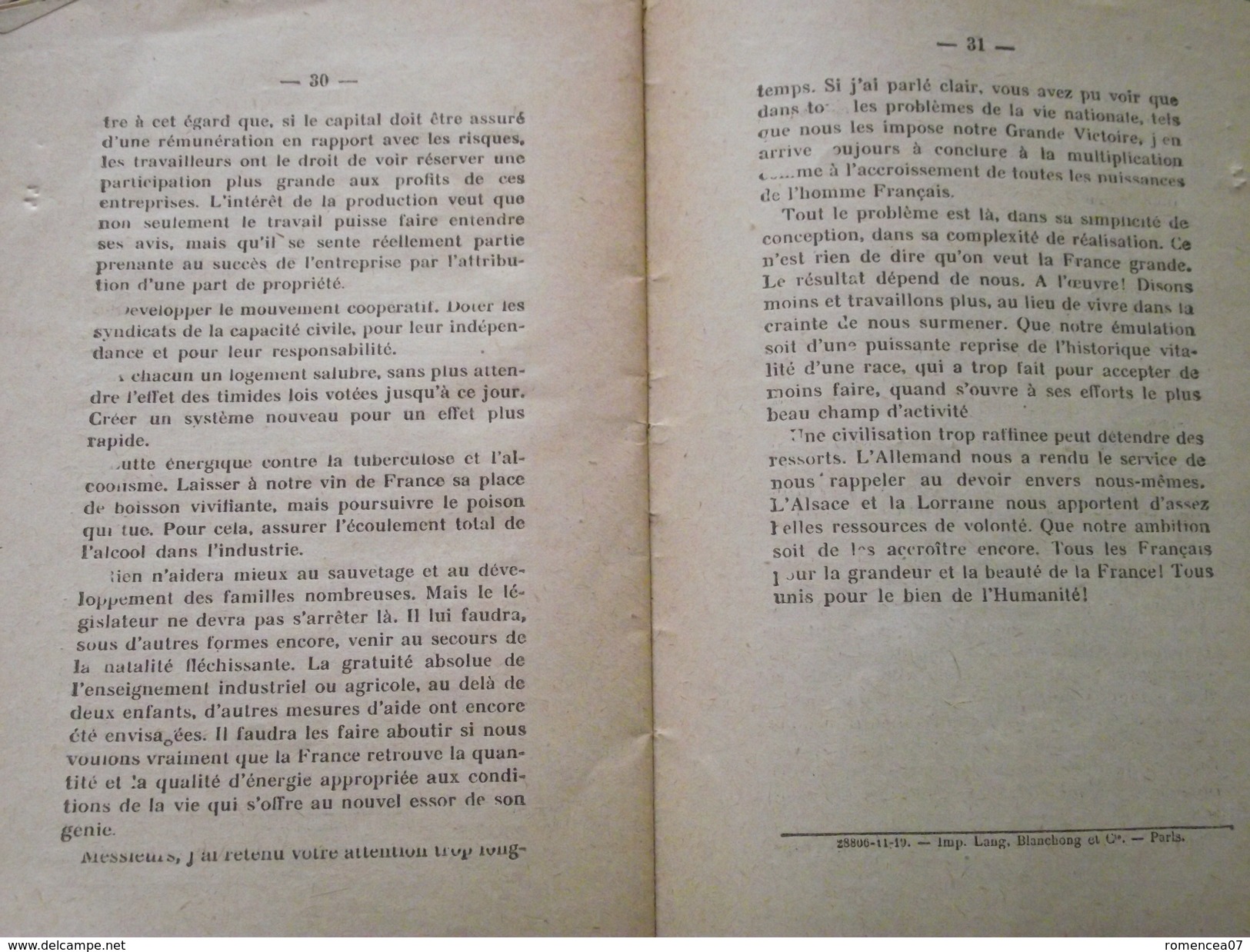 DISCOURS De M GEORGES CLEMENCEAU à Strasbourg Le 4 Novembre 1919 - Guerre 1914-18 - WW1 - Livret Du 16 Novembre 1919 - 1901-1940