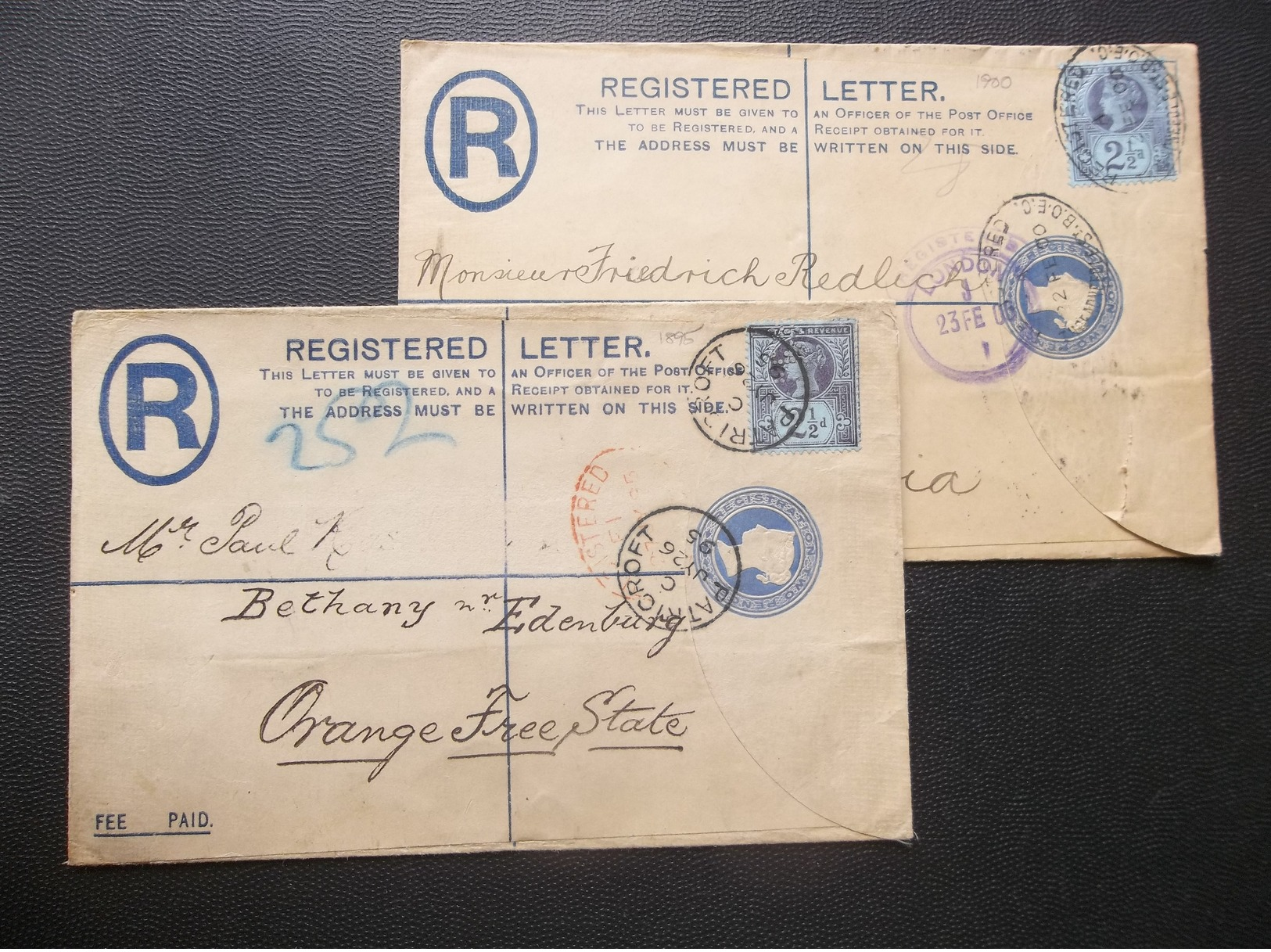 Great Britain: 1895 & 1900 Uprated Registered Envelopes To Orange Free State, Etc. (#PT5) - Entiers Postaux