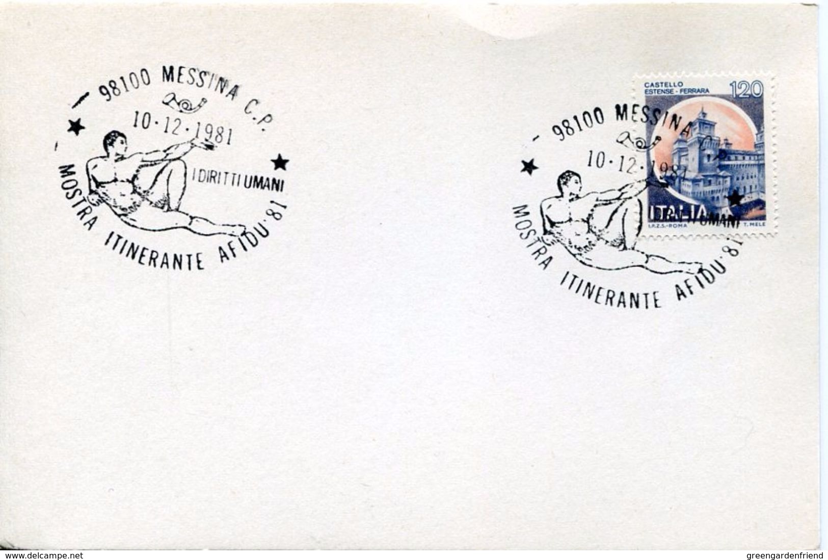 25529 Italia, Special Postmark 1981 Messina,  Human Right Day,  Showing A Painting Of Michelangelo,  Adam - Autres & Non Classés