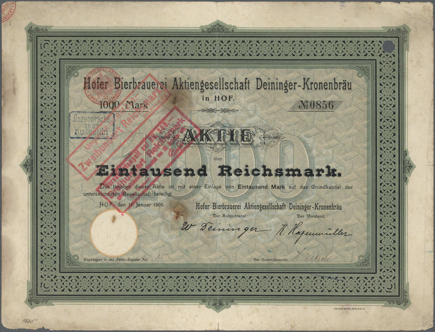 Thematik: Alkohol-Bier / Alcohol-beer: 1905: DEUTSCHLAND, Hofer Bierbrauerei AG Deininger Kronenbräu Hof 1905, GRÜNDER-A - Autres & Non Classés