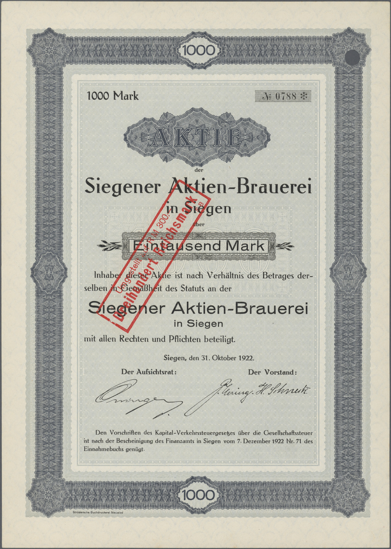 Thematik: Alkohol-Bier / Alcohol-beer: 1922: DEUTSCHLAND, Siegener Aktien-Brauerei, Siegen 1922, Aktie 1000 Mark, Selten - Altri & Non Classificati