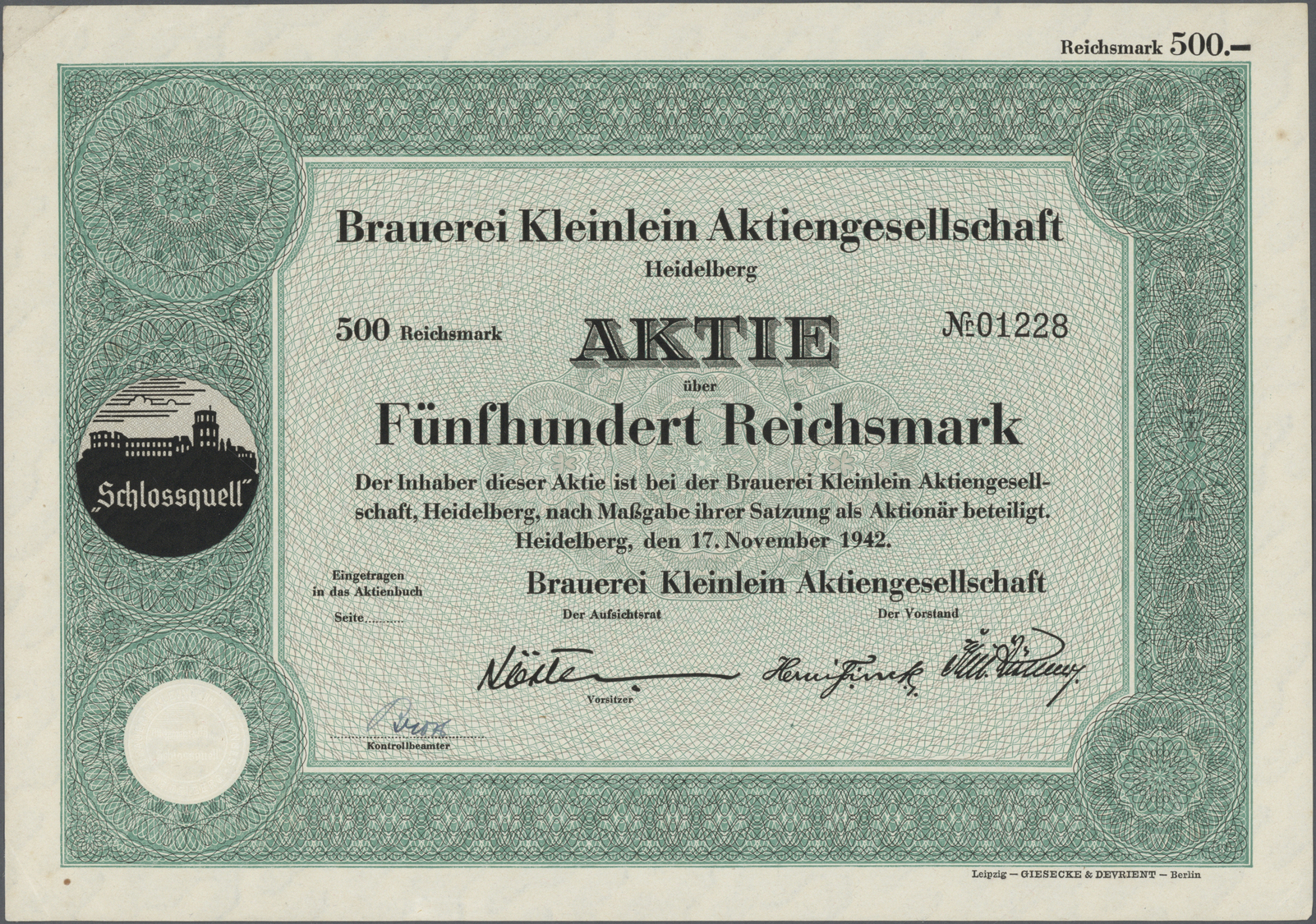 Thematik: Alkohol-Bier / Alcohol-beer: 1942: DEUTSCHLAND, Brauerei Kleinlein AG, Heidelberg 1942, Aktie 500 RM. Seltenes - Other & Unclassified