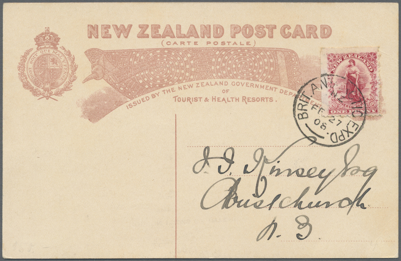 Br Thematik: Antarktis / Antarctic: 1908, New Zealand. Postmark "BRIT. ANTARCTIC EXPD. FE 27 08" On Addressed Picture Po - Other & Unclassified