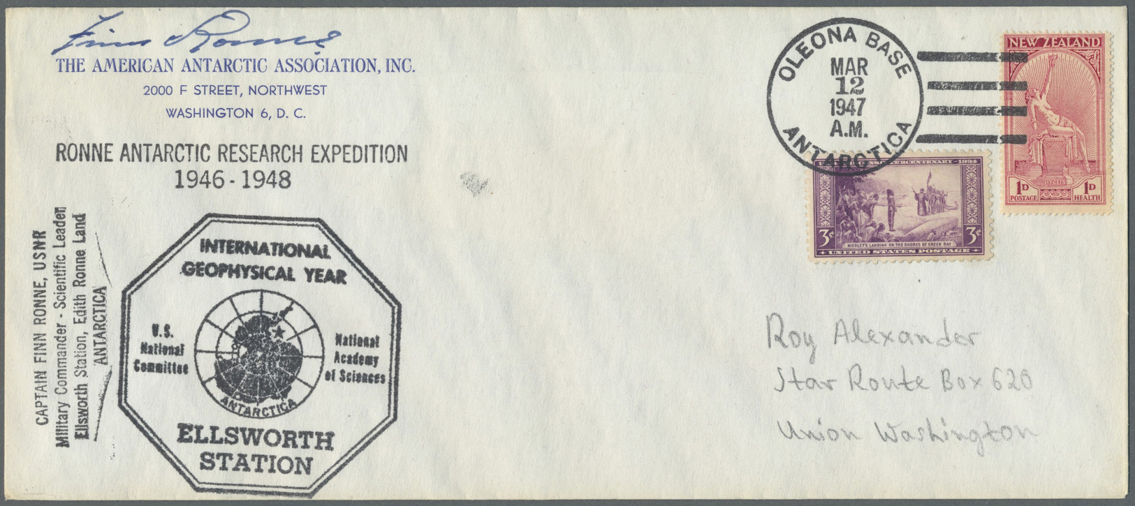 Br Thematik: Antarktis / Antarctic: Finn Ronne Expedition 1947-48: Oleana Base, Expedition Envelope Bearing New Zealand - Autres & Non Classés