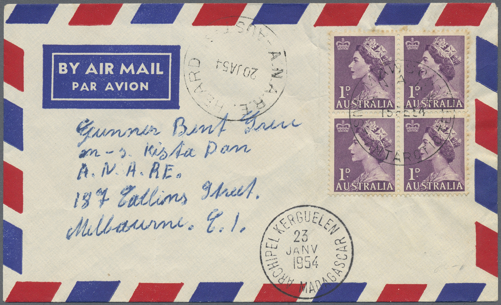 Br Thematik: Antarktis / Antarctic: 1954, Airmail Cover From 'ANARE HEARD IS.' (20.1.) Used Via French Antarctic PO. 'AR - Other & Unclassified