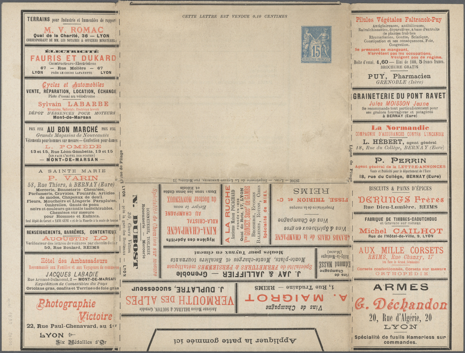 GA Thematik: Anzeigenganzsachen / Advertising Postal Stationery: 1899, France. Lettre Annonces Lyon (S. Mai 1899), Tsc, - Non Classés