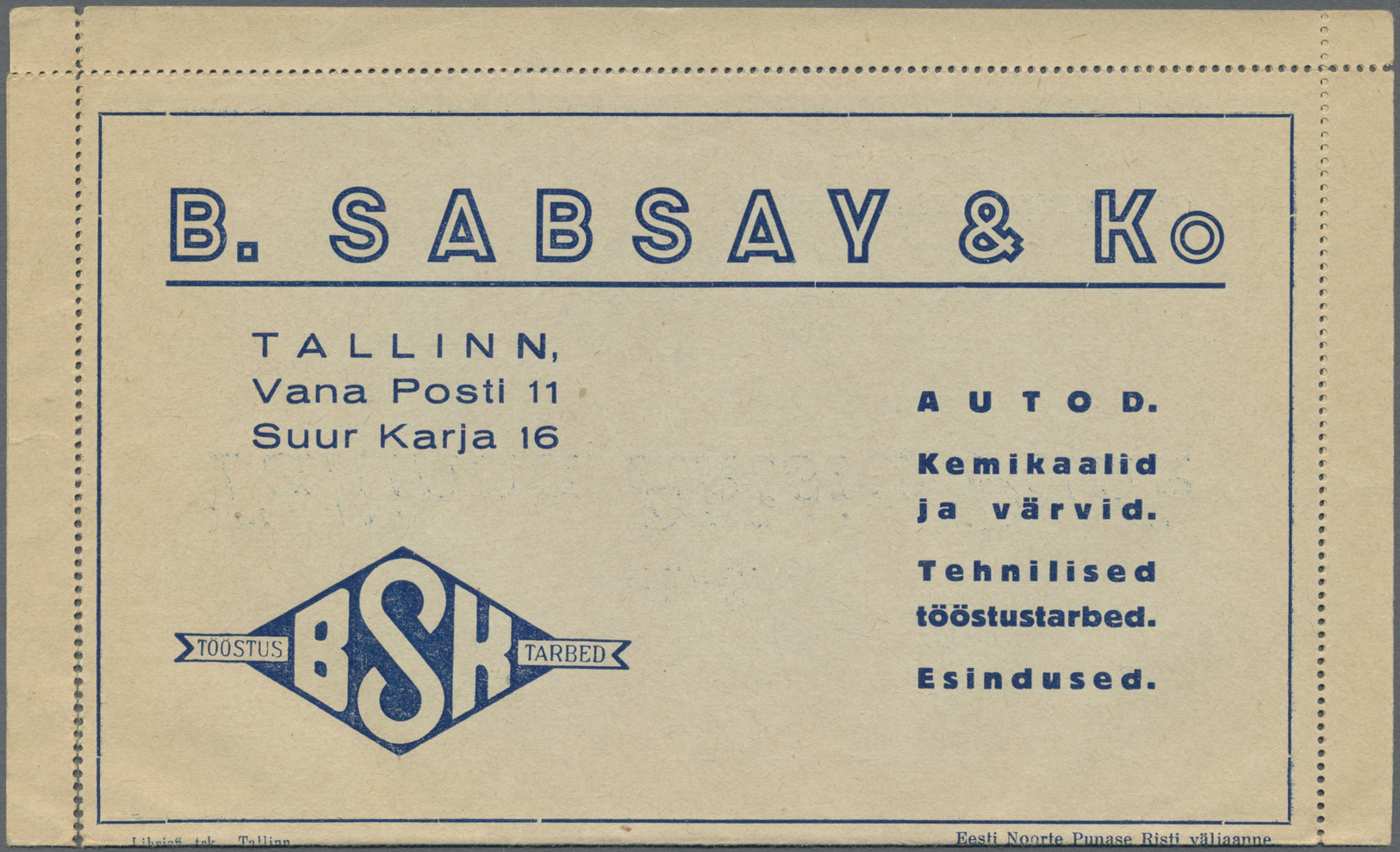 GA Thematik: Anzeigenganzsachen / Advertising Postal Stationery: 1937, Estland, Letter Card 10s. Blue With Private Adver - Non Classés