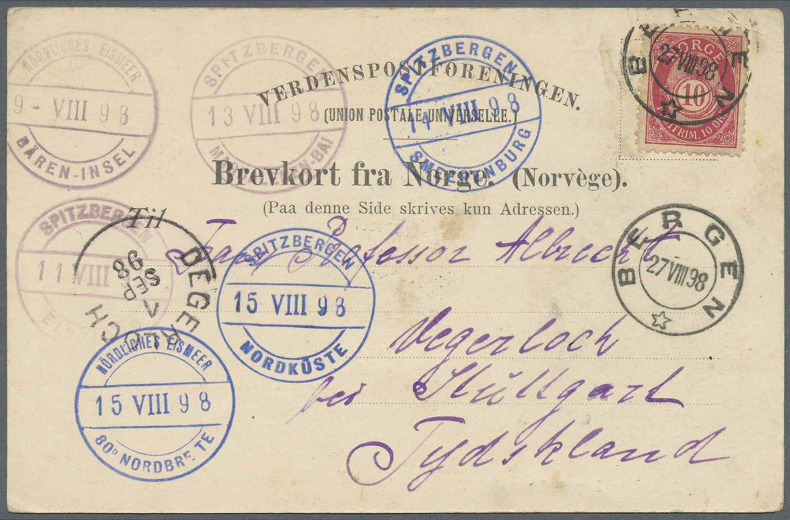 Br Thematik: Arktis / Arctic: 1898 VERY RARE SPITZBERGEN CAPTAIN BADE ROUNDTRIP CARD WITH ALL  6 DIFFERENT HANDSTAMPS Ap - Altri & Non Classificati