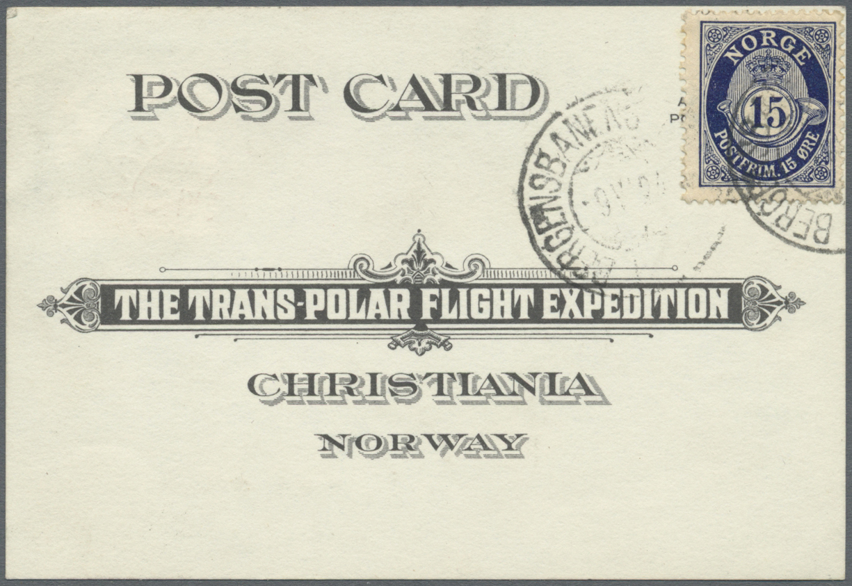 Br Thematik: Arktis / Arctic: 1924, Trans Polar Flight Expedtion Card Used With 15 ö. Blue From "BERGENSBANENS...9.VI.24 - Altri & Non Classificati