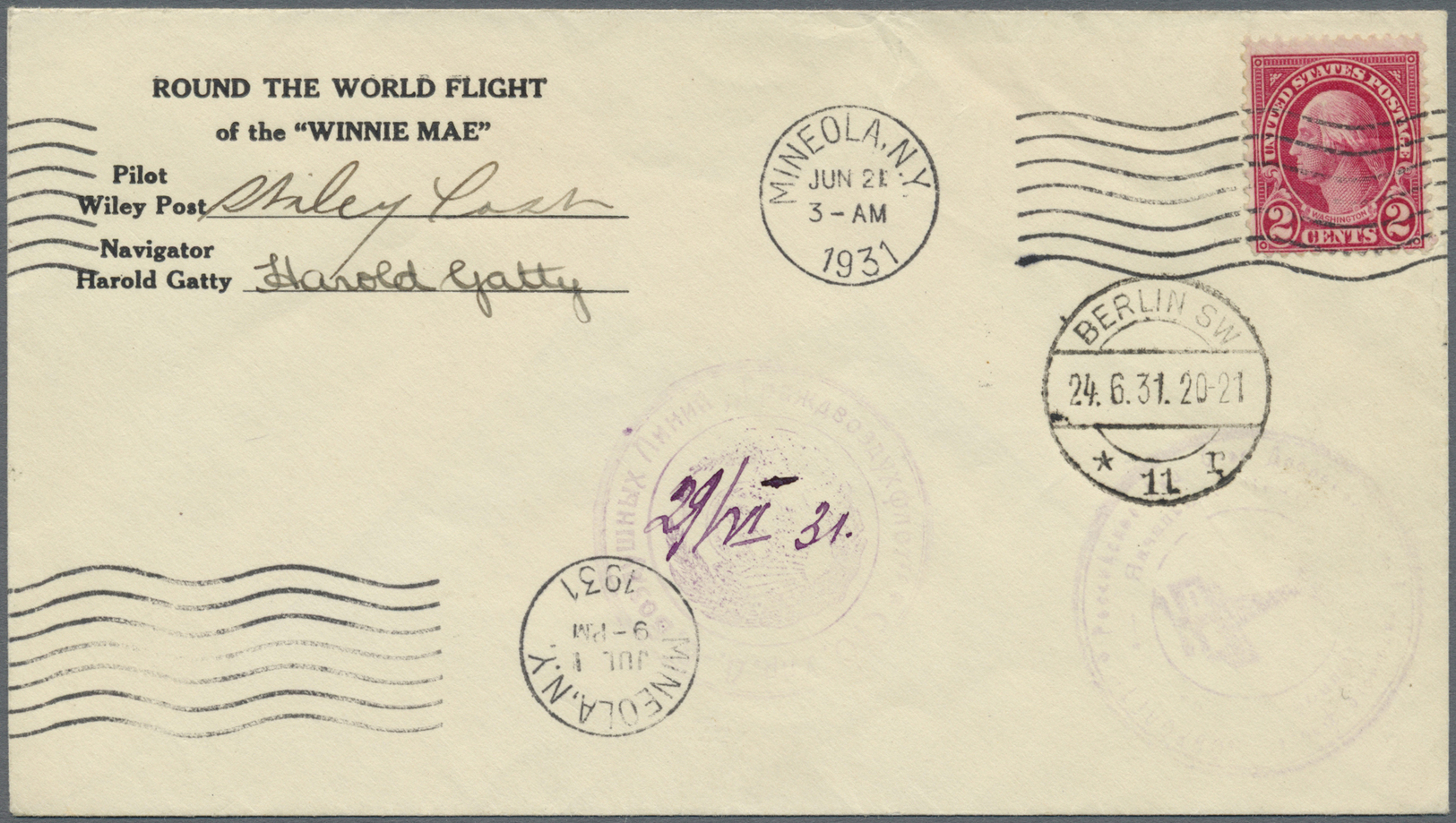 Br Thematik: Arktis / Arctic: 1931, 21,6, Round The World Flight By Post And Gatty, U.S. 2c Washington Tied By Wavy "MIN - Altri & Non Classificati