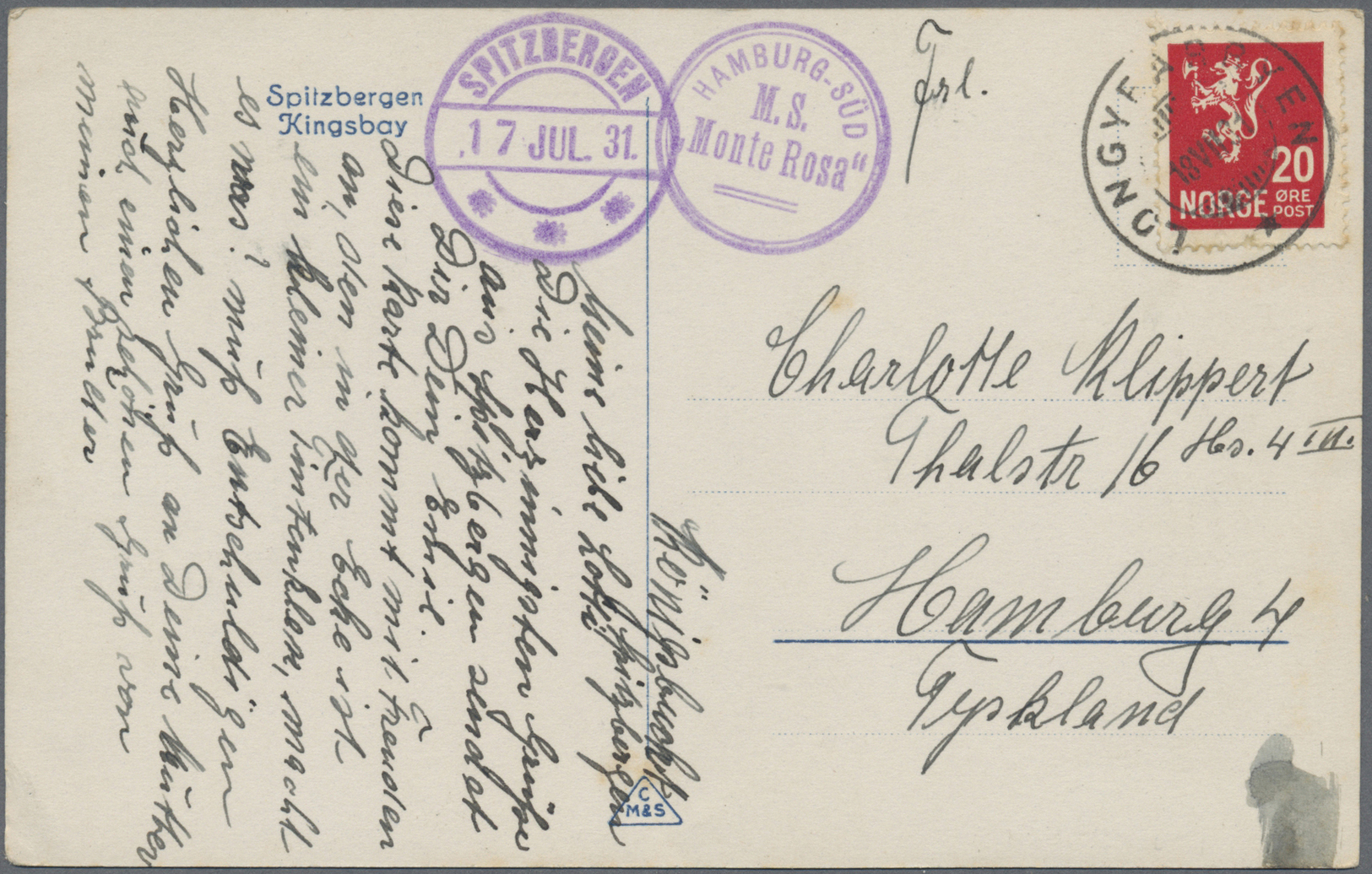 Thematik: Arktis / Arctic: 1931, Picture Card "Kingsbay" Franked With 20 Öre And Cancelled LONGYEARBYEN With Violett SPI - Altri & Non Classificati