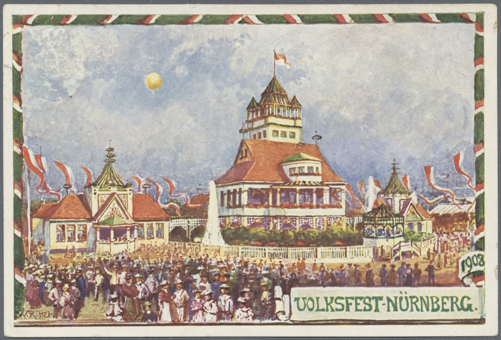 GA Thematik: Ballon-Luftfahrt / Balloon-aviation: 1903/1908, Bayern. Lot Mit 1 Privat-Postkarte 5 Pf Wappen "Volksfest N - Alberi