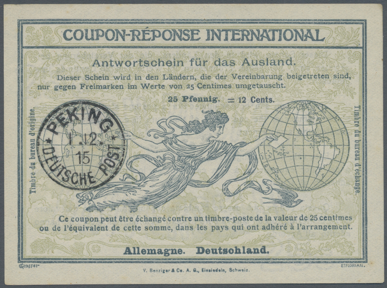 GA Thematik: I.A.S. / Intern. Reply Coupons: 1915, Germany, 25 Pf. / 12 Cents Pmkd.german Offices In China "PEKING 1.12. - Non Classificati