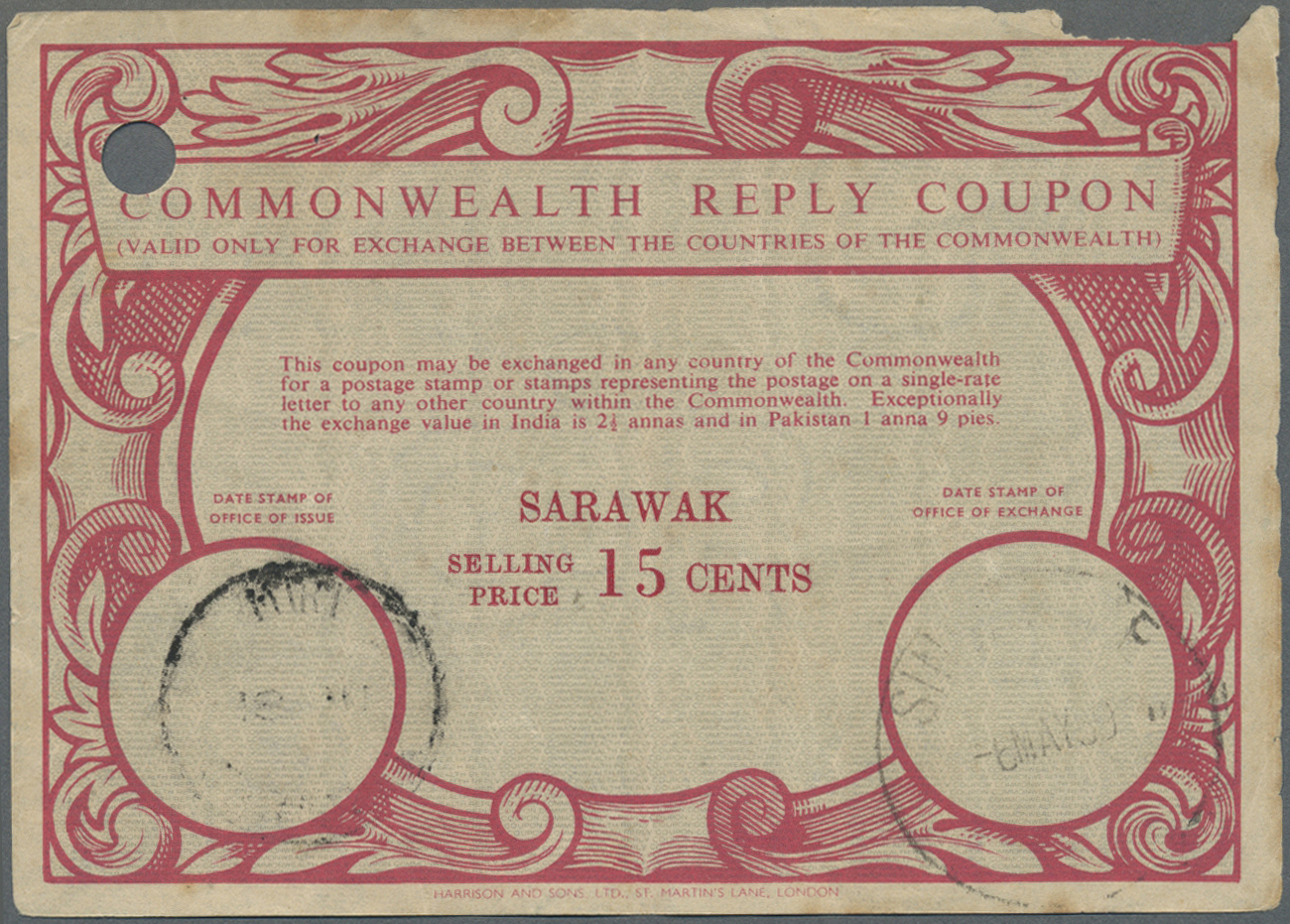 GA Thematik: I.A.S. / Intern. Reply Coupons: Commonwealth Reply Coupons, 1962/63, Sarawak 20 C. With Faint "Kuching" Dat - Non Classificati