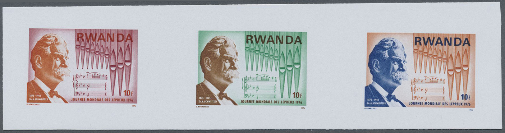 ** Thematik: Musik / Music: 1976, Rwanda. Collective Trial Color Proof Sheet Of For The 10fr Value Of The "World Leprosy - Musica