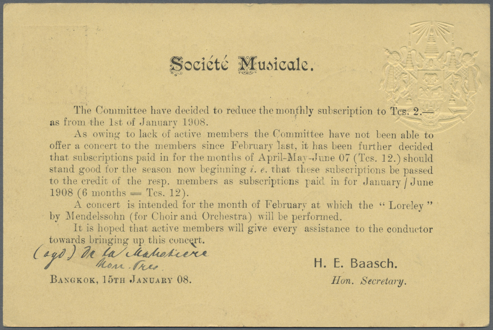 GA Thematik: Musik-Komponisten / Music-composers: 1908, Siam/Thailand. GSK Mit Rs. Englischsprachigem Zudruck "Societe M - Musica