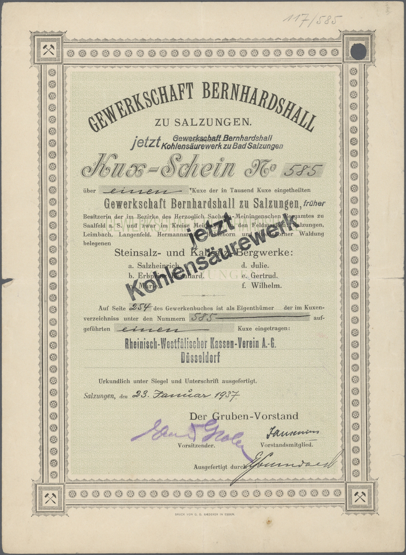 Thematik: Nahrung-Salz / Food-salt: 1900/1937 DEUTSCHLAND, GEWERKSCHAFT BERNHARDSHALL, Salzungen Jeweils Ein Kux-Schein - Alimentazione