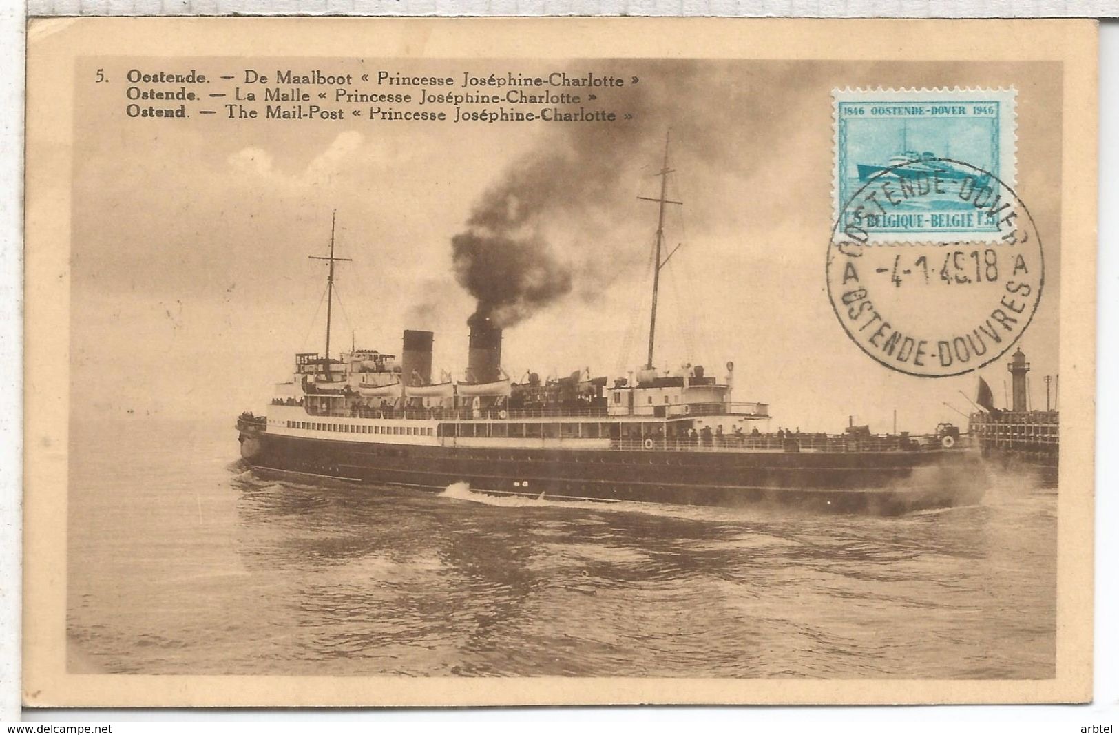 BELGICA MAXIMA PAQUEBOT PRINCESSE JOSEPHINE CHARLOTTE CON MAT LINEA OOSTENDE DOVER 1949 - Ships