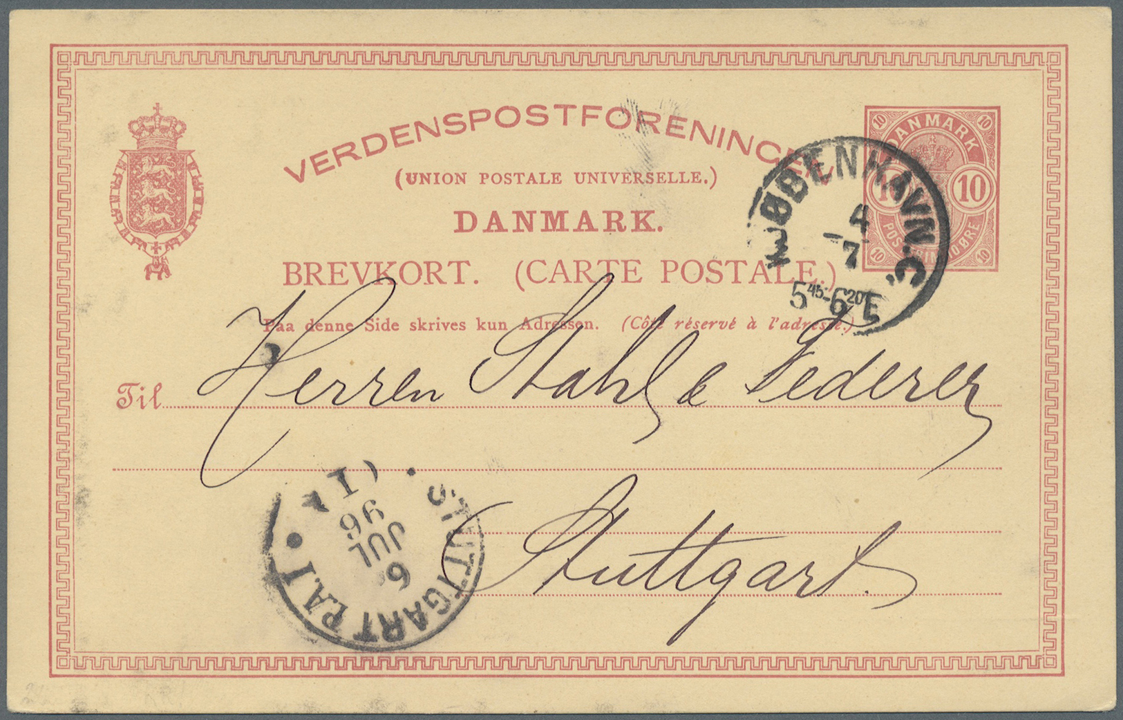 GA Dänemark - Ganzsachen: GSK 10 Öre Karmin In Seltener Auflage "mit Kleinen Eckziffern" Gebr. 1896 Mit Privatem - Ganzsachen