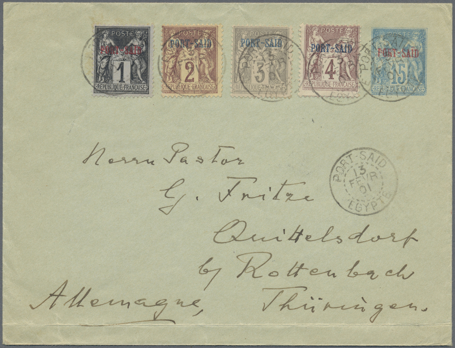 GA Französische Post In Ägypten - Port Said: 1901, 1c. To 4c., Four Values Uprating A Stationery Envelope 15c. Bl - Other & Unclassified