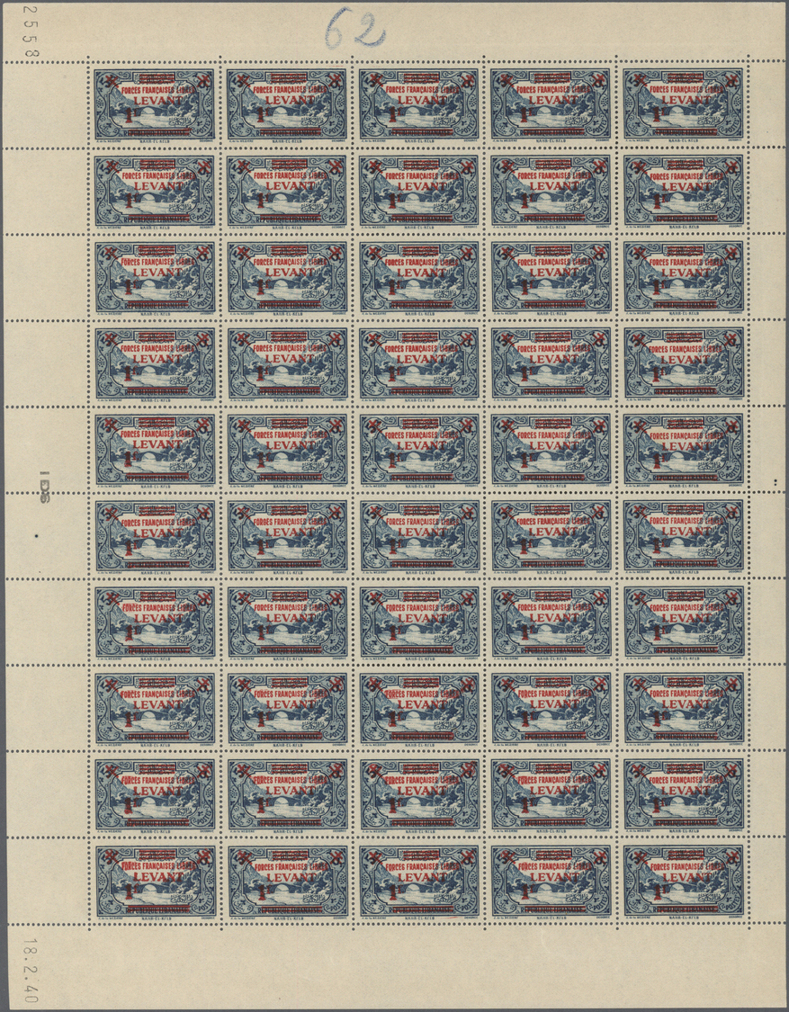 ** Französische Post In Der Levante: 1942, 1fr. On 5pi. Greenish Blue, Complete Sheet Of 50 Stamps, Unmounted Min - Other & Unclassified