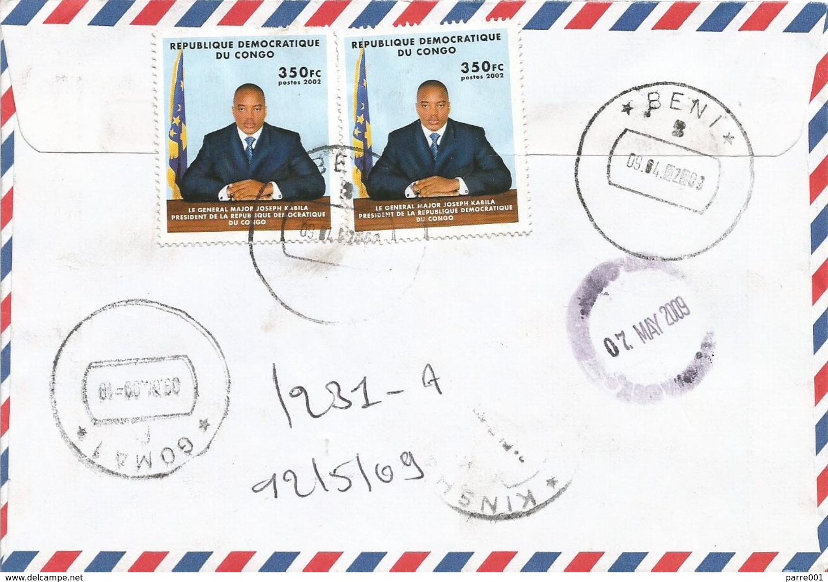 RDC DRC Congo 2009 Beni Code Letter B President Mobutu Registered Cover With Registration Slip - Brieven