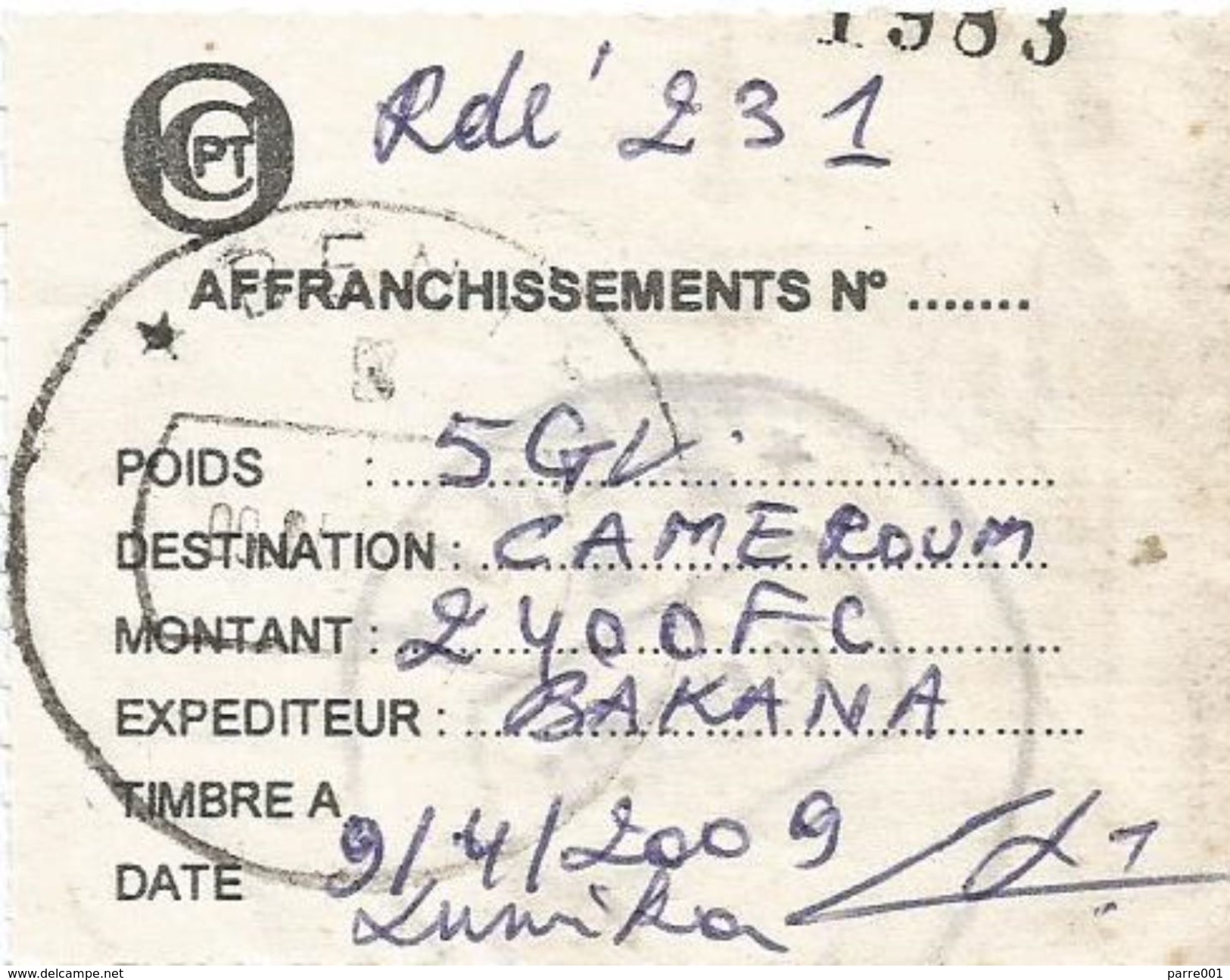 RDC DRC Congo 2009 Beni Code Letter B President Mobutu Registered Cover With Registration Slip - Brieven