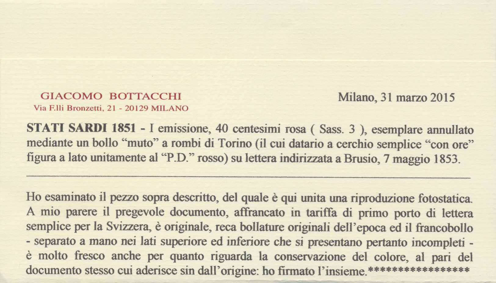 Br Italien - Altitalienische Staaten: Sardinien: 1851, 40c. Rose, Fresh Colour, Irregularly Separated By Hand (re - Sardinien