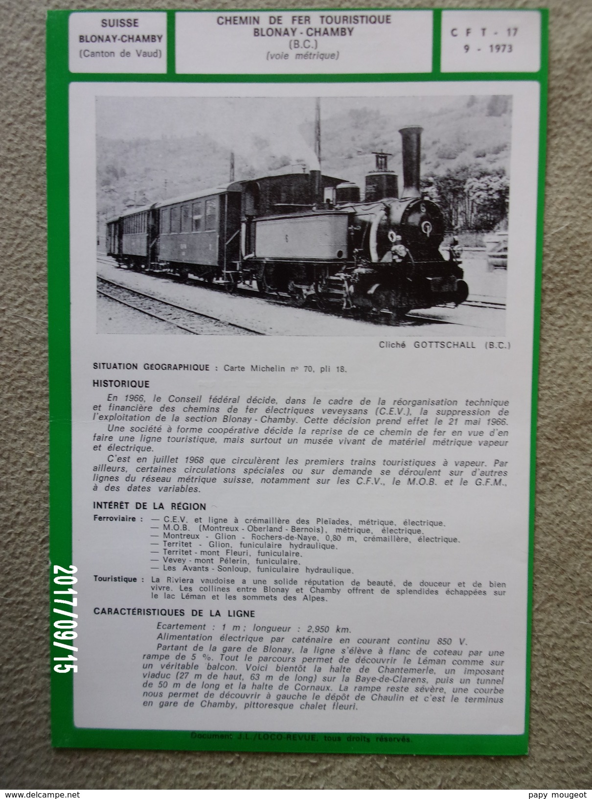 Blonay - Chamby (Vaud) CH Fiche Loco-Revue 1974 - Spoorweg