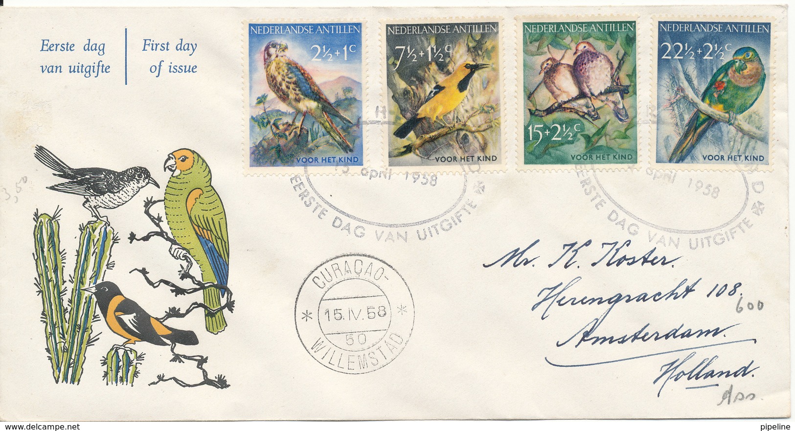 Netherlands Antilles FDC 15-4-1958 Complete Set Of 4 Birds Of Prey With Nice Cachet Sent To Netherlands - Curaçao, Nederlandse Antillen, Aruba