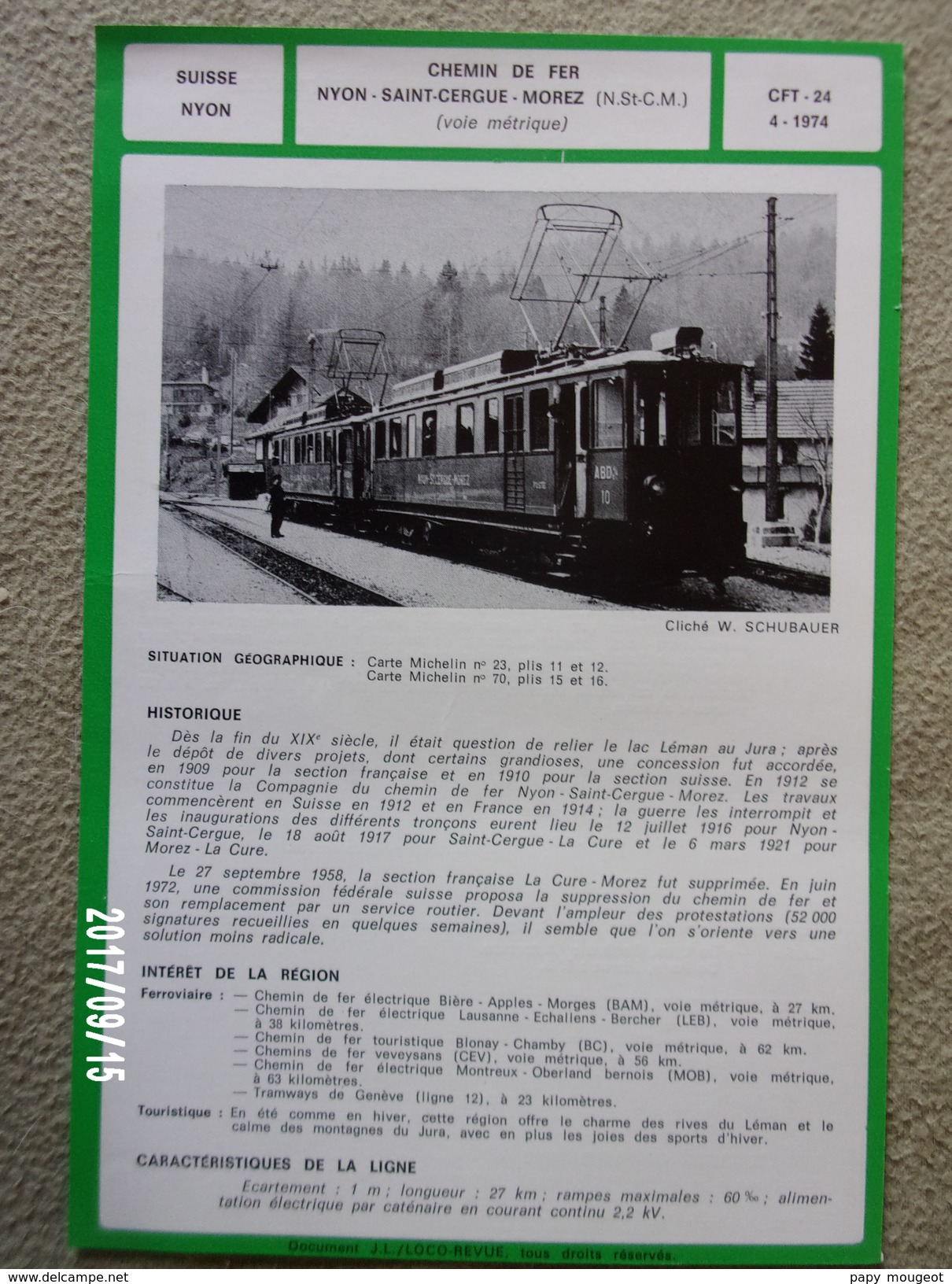 Nyon Saint Cergue Morez CH - Fiche Loco-Revue 1974 - Railway