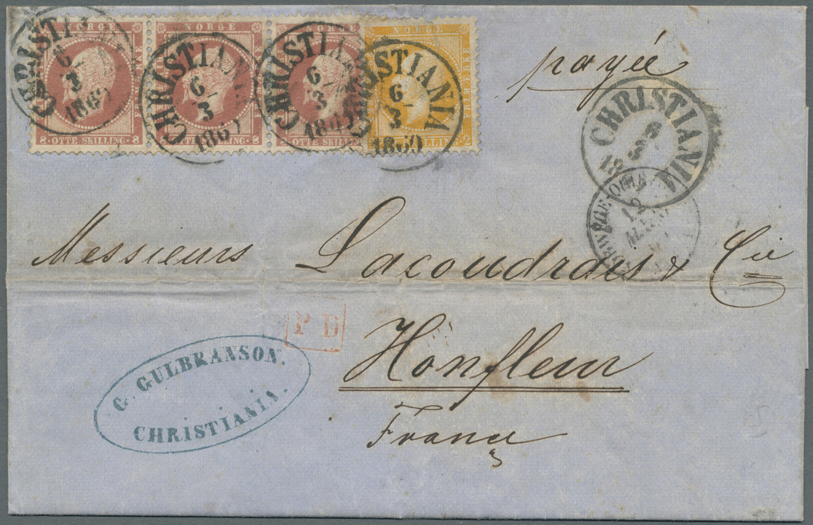 Br Norwegen: 1860. Envelope (horizontal And Vertical Fold, Traces Of Ageing) Addressed To France Bearing 'Oscar' - Ungebraucht