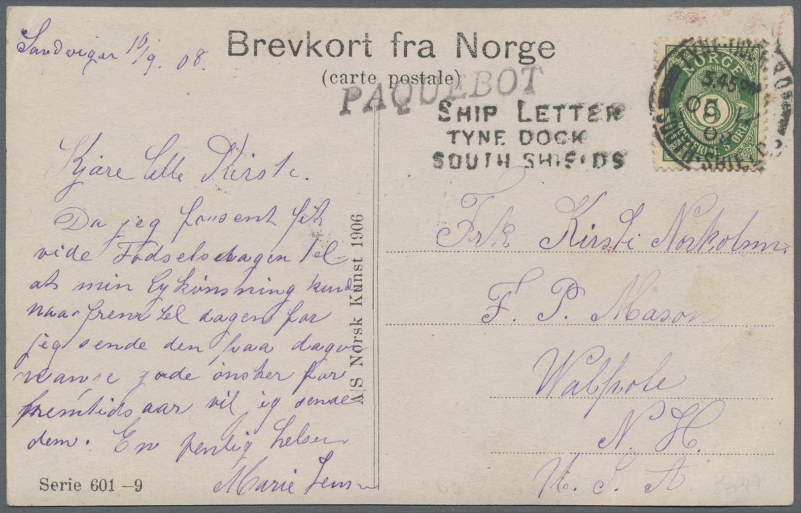 Br Norwegen: 1893, 5 ö. Green Tied By Cds. "TYNE DOCKS SOUTH SHIELDS OC.12.08" To Picture Card Used From Sandvige - Ungebraucht