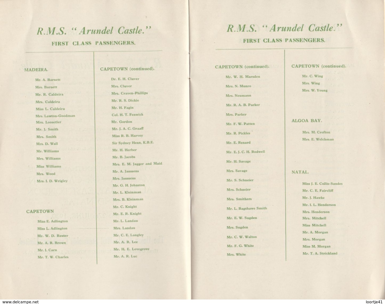 Brochure Dépliant Toerisme Tourisme - Union Castle Line - Ship RMS Arundal Castle - Passenger List - To Capetown 1930 - Dépliants Touristiques
