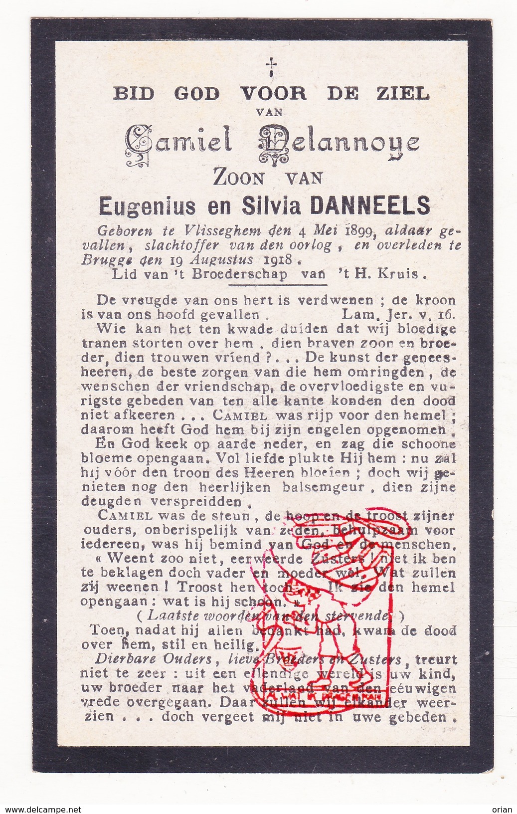 DP Slachtoffer WO I Oorlog Guerre 14-18 Camiel Delannoye / Danneels ° Vlissegem De Haan 1899 &dagger; Brugge 1918 - Devotieprenten