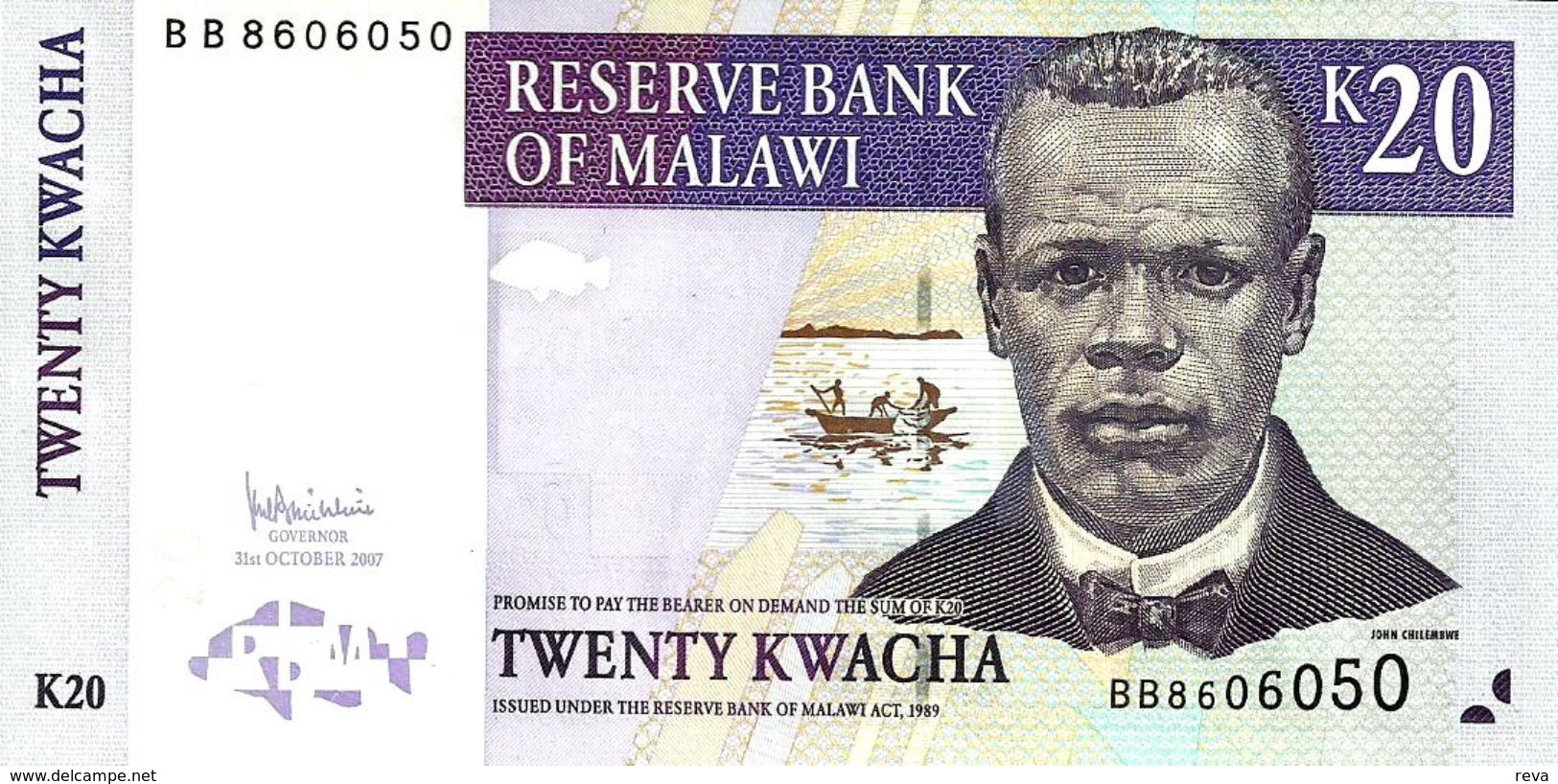 MALAWI 20 KWACHA PURPLE MAN FRONT LANDSCAPE MAN BACK DATED 31-10-2007 P.50 UNC READ DESCRIPTION - Malawi